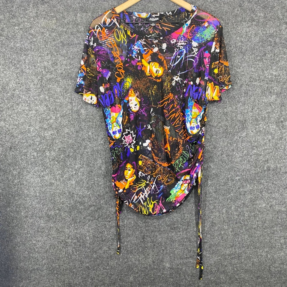 Rouge Collection Womens 2X Graffiti Pop Art Mesh Top Ruched Side Multicolor Tee
